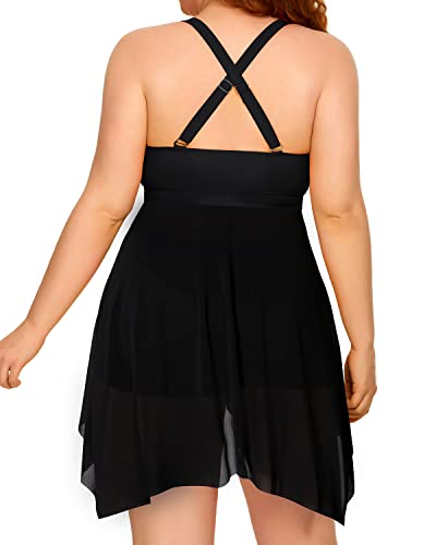 Slimming Ruffled Mesh Swim Dress Boyshorts For Women-Black