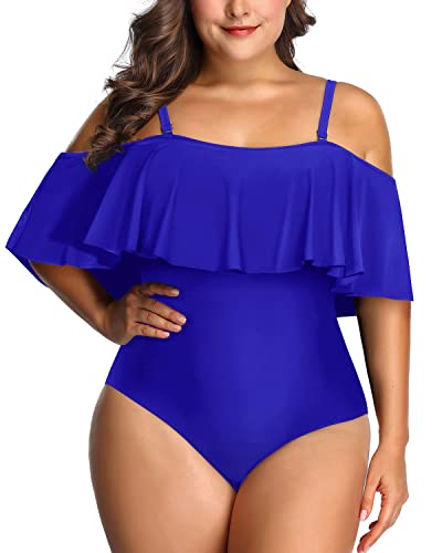 Adjustable Strap Flounce Top Plus Size Swimsuit For Women-Royal Blue