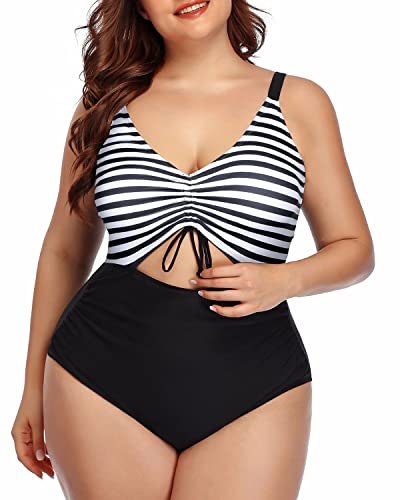 High Waisted Monokini Bathing Suit For Plus Size Women-Black And White Stripe