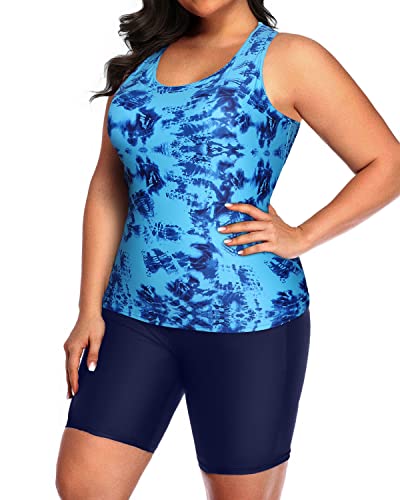 High Waisted Plus Size Two Piece Swimsuit Racerback And Boyshort-Blue Tie Dye