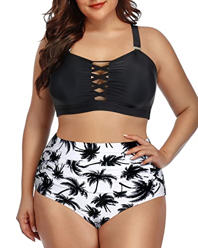 Hollow Out High Waisted Two Piece Bathing Suit For Women-Black Palm Tree