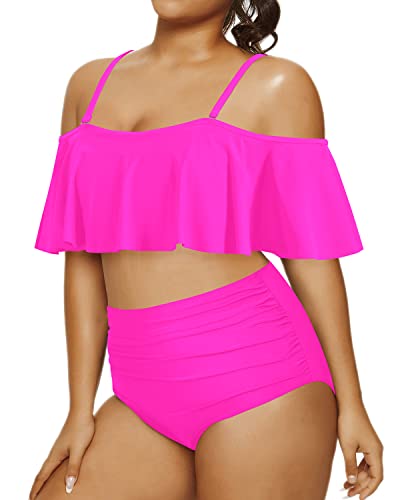 Retro-Inspired Plus Size High Waisted Bikini Ruched Bottoms-Neon Pink