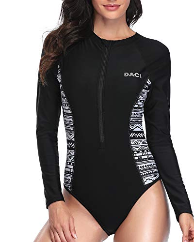 Women's Surfing Rash Guard Long Sleeve One Piece Swimsuit Zipper Bathing Suit-Black And White Snake Print