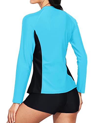 Women's Long Sleeve Rash Guard Zipper And Boy Shorts Swimsuit-Aqua