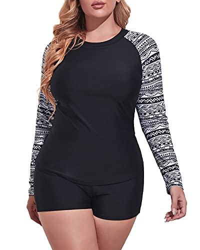 Women's Plus Size 2 Piece Rash Guard Swimsuit Boyleg Bottom-Black And White Snake Print