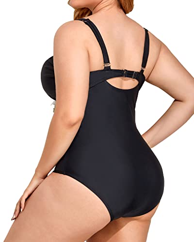 Crochet Trim Tummy Control Plus Size One Piece Swimsuits For Women-Black