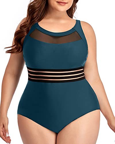 Retro Style Mesh One Piece Swimsuits Plus Size-Teal