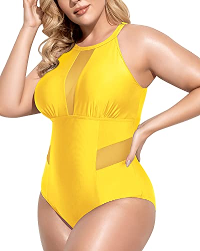 Stylish Tummy Control Monokini Plus Size Swimwear-Neon Yellow