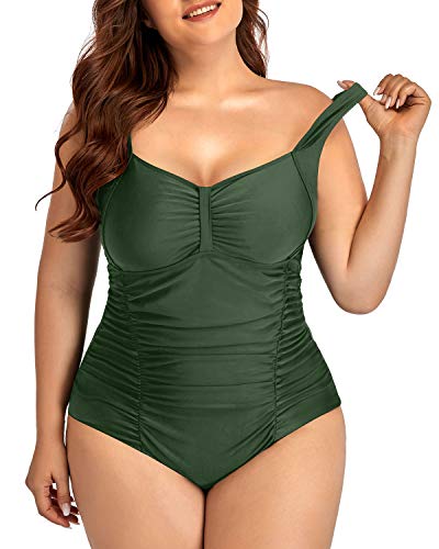 Ruched Backless Plus Size One-Piece Bathing Suit-Olive Green