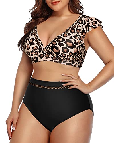 V-Neck Hollow Out Bikini Top And High Waisted Bottom Two Piece Swimsuits For Women-Black And Leopard