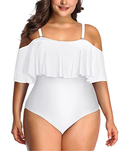 Chic Flounce Overlay Bathing Suit For Women Plus Size One Piece-White