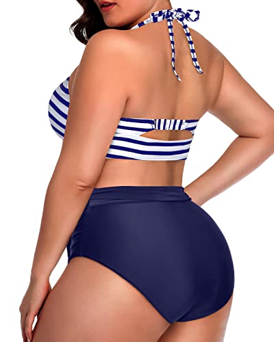 Two Piece Tummy Slimming Knotted High Waisted Plus Size Bikini Set-Blue White Stripe