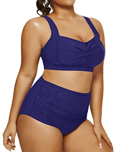 Padded Push Up Two Piece Swimsuit Open Back Retro Bikini-Navy Blue