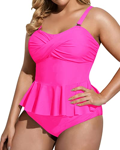 Retro Style Peplum Tankini High Waisted Tummy Control Bottom Plus Size Swimsuit-Neon Pink