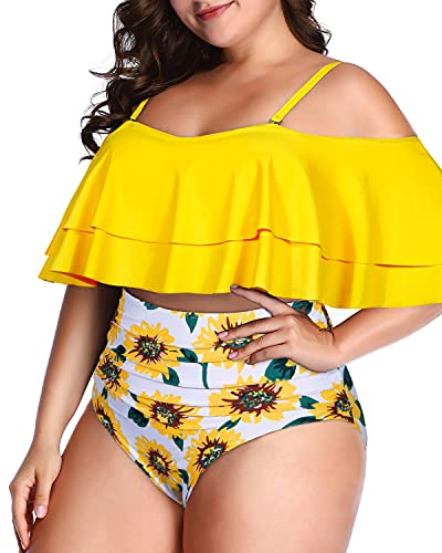 Tummy Control High Waist Off Shoulder Plus Size Two Piece Bikini-Yellow And Sunflower