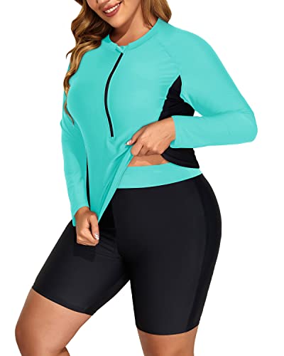 Two Piece Rash Guard Tankini Boy Shorts For Women-Aqua