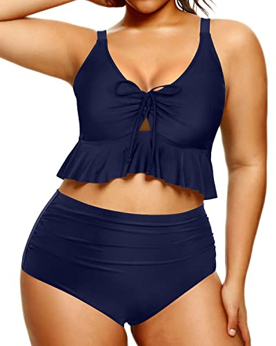 Two Piece Retro Plus Size Flounce High Waisted Bikini Set-Navy Blue