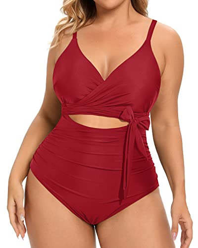 Plus Size Cutout Open Back One Piece Swimsuits For Summer-Red