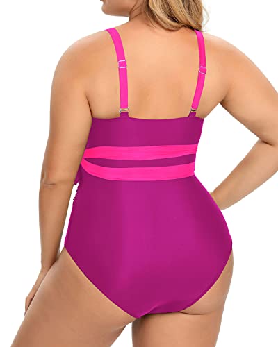 Plunge Neckline High Waisted Tummy Control Swimwear-Phosphor And Dark Pink