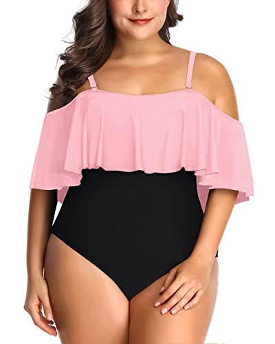 Elegant Ruffle Tummy Control Swimsuit For Women Plus Size One Piece-Pink And Black