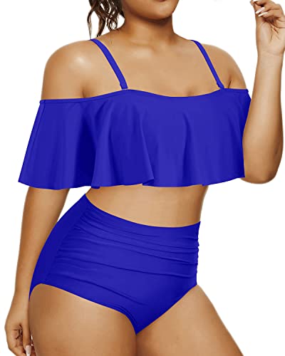 Trendy Two Piece Swimsuit Flounce Ruffle Top For Plus Size Women-Royal Blue