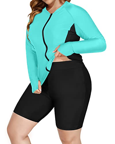 Long Sleeve Plus Size Rash Guard Bathing Suit For Women-Aqua