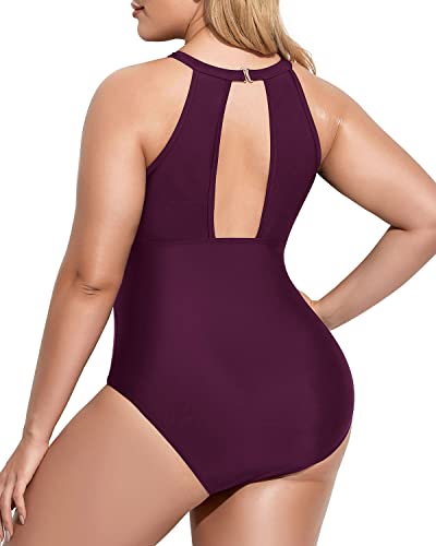 Stylish Open-Back Plus Size One Piece Swimsuit For Curvy Women-Maroon