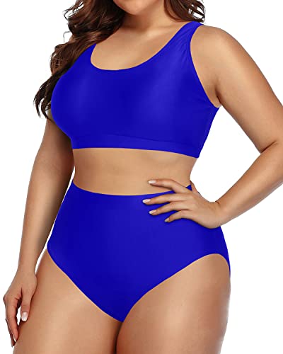 Plus Size Bikini Set Sport Bra Swimsuit Scoop Neck Tops Bottom High Waist Bathing Suit-Royal Blue