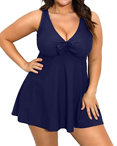 Shaping Plus Size Swim Dress Tummy Control Bottoms-Navy Blue