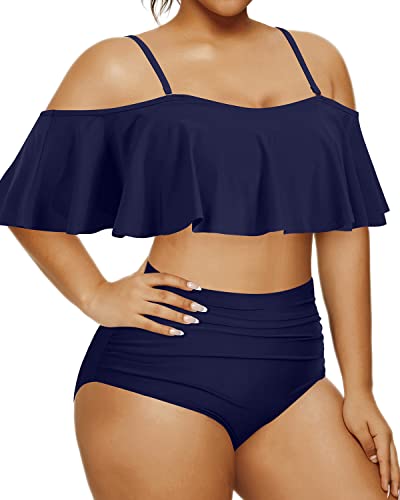 Modest Coverage Bathing Suits For Women Plus Size Flounce Top-Navy Blue