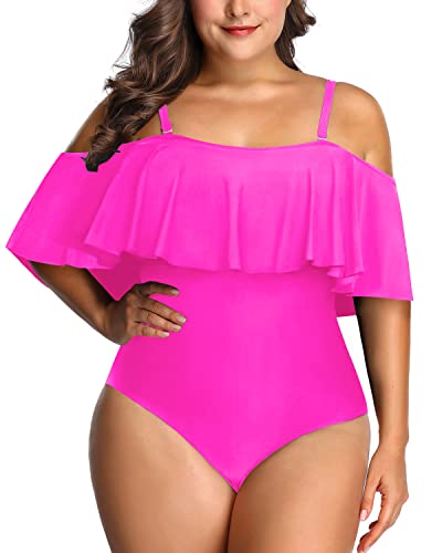 Cute Off Shoulder Flounce Swimwear For Women Plus Size One Piece-Neon Pink