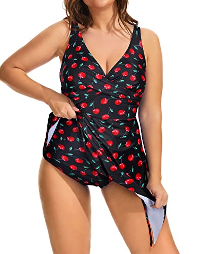 Secure And Free Plus Size Swim Dress Built-In Shorts-Black Cherry