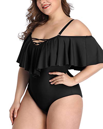 Adjustable Strap Plus Size Flounce Bathing Suits For Curvy Women-Black