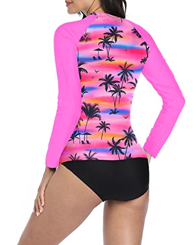 Crew Neck Long Sleeve Rashguard Top For Women-Palm Tree