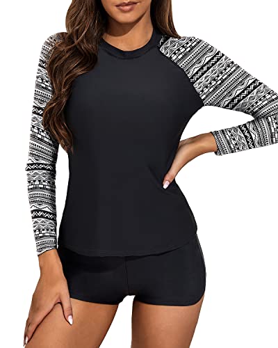 Protective Women's Rash Guard Swim Shirt Boyshort Bottom-Black And White Snake Print