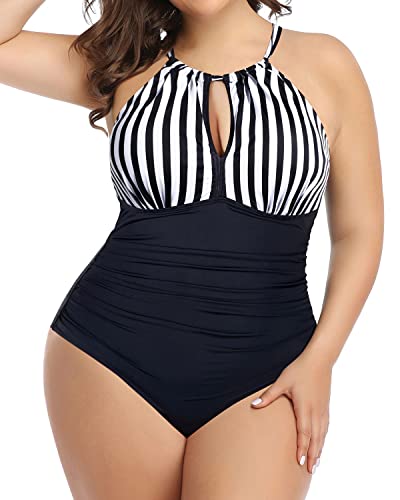 Chic High Neck Plunge Swimsuit Mesh Cutouts For Plus Size Women-Black And White Stripe