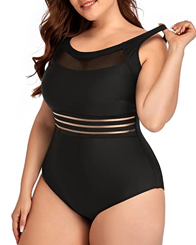 Mesh High Neck Bathing Suits For Plus Size Women-Black