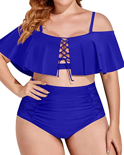 Classic Off Shoulder Plus Size Two Piece Swimwear-Royal Blue