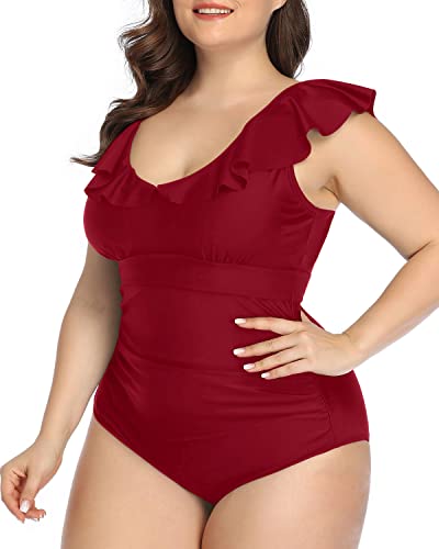 Slimming Plus Size V-Neck Bathing Suit For Women-Maroon