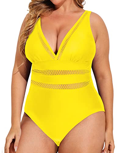 Hollow Out Plus Size Swimsuits Tummy Control-Neon Yellow