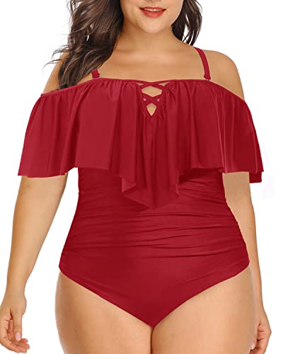 Off Shoulder Plus Size Ruffled Swimsuit For Curvy Women-Red