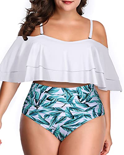 Flattering Off Shoulder Bikini High Waisted Bottom For Plus Size-White Leaf