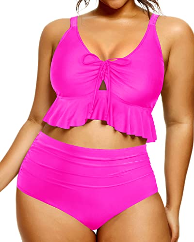 Ruffle Flounce High Waisted Bikini Set For Curvy Women-Neon Pink