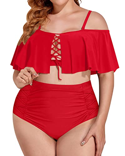 Flattering Tummy Control Two Piece Bathing Suit For Plus Size Women-Red