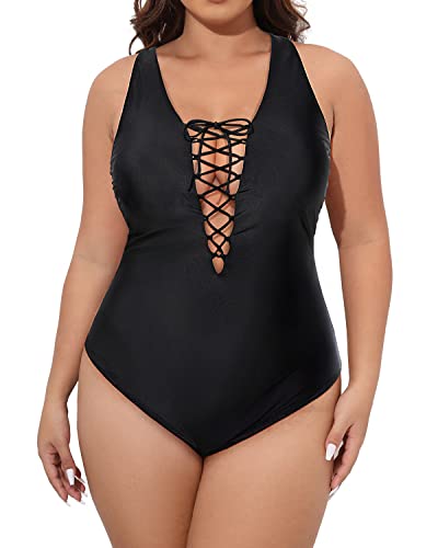 Plunging Lace-Up Plus Size One Piece Swimsuits For Women-Black