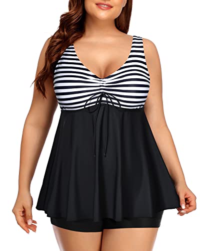 Flowy V-Neck Tankini Swimsuit For Plus Size Women-Black And White Stripe