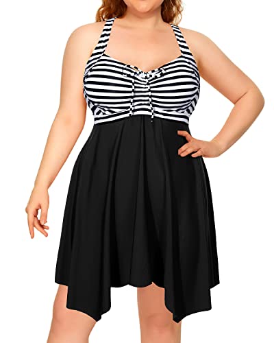 Flattering Ruched Plus Size Flowy Tankini Bathing Suits For Women-Black And White Stripe