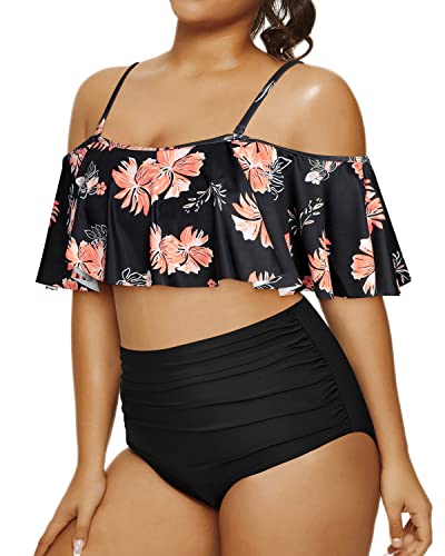 Flirty Ruffle High Waisted Bikini Set For Plus Size Women-Black Orange Floral