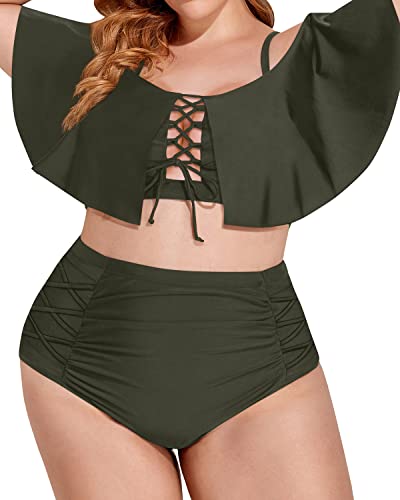 Two Piece Lace Up Flounce High Waisted Plus Size Bikini Sets-Army Green