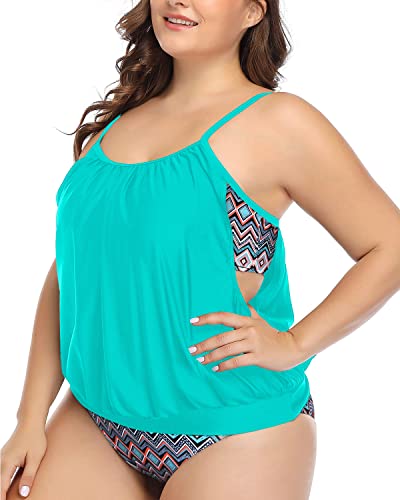 Layered Tummy Control Tankini Swimsuits Shorts Plus Size-Blue Geometry